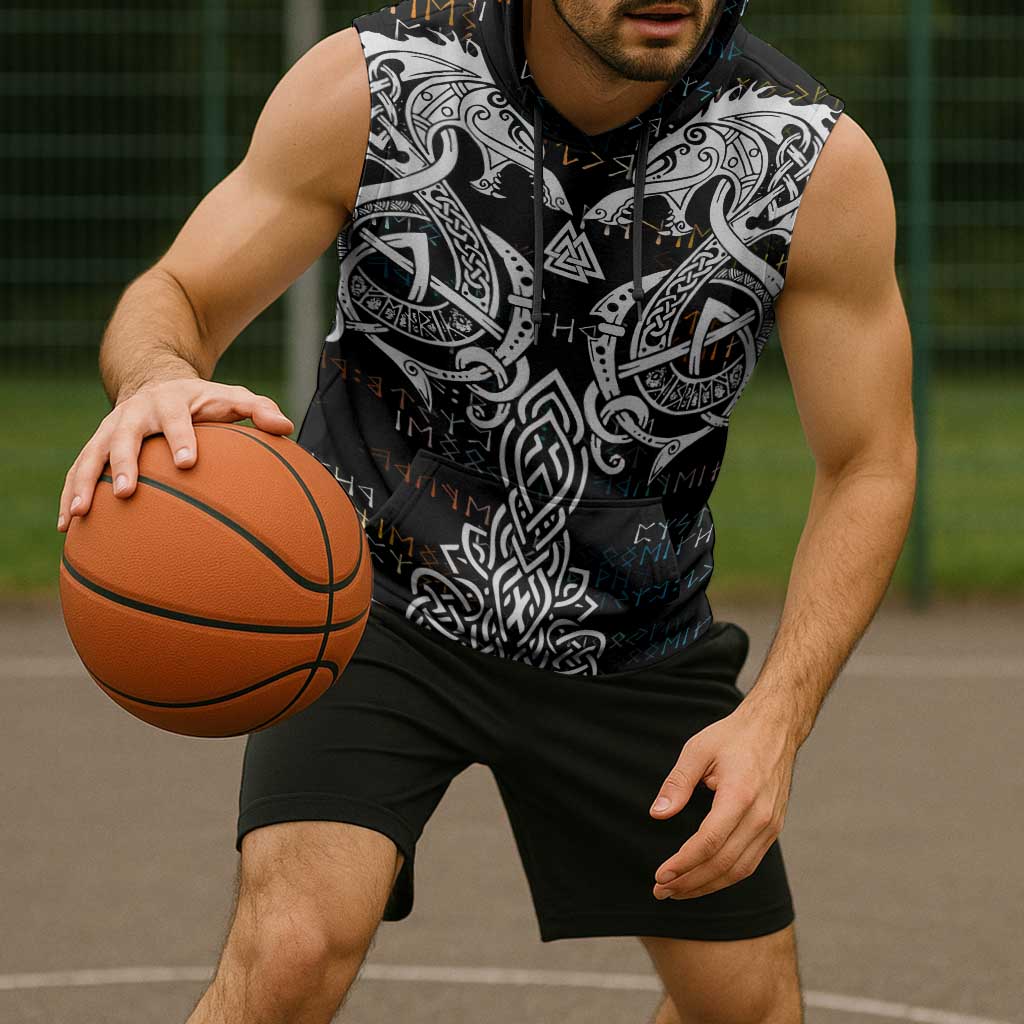 Viking Runes and Norse Mythology Symbols Sleeveless Hoodie Celtic Knotwork Tribal Illustration Style