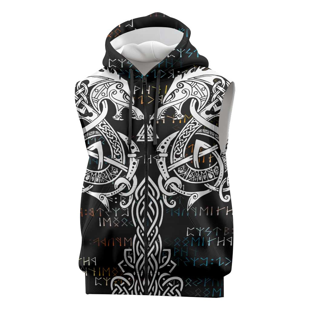 Viking Runes and Norse Mythology Symbols Sleeveless Zip Hoodie Celtic Knotwork Tribal Illustration Style