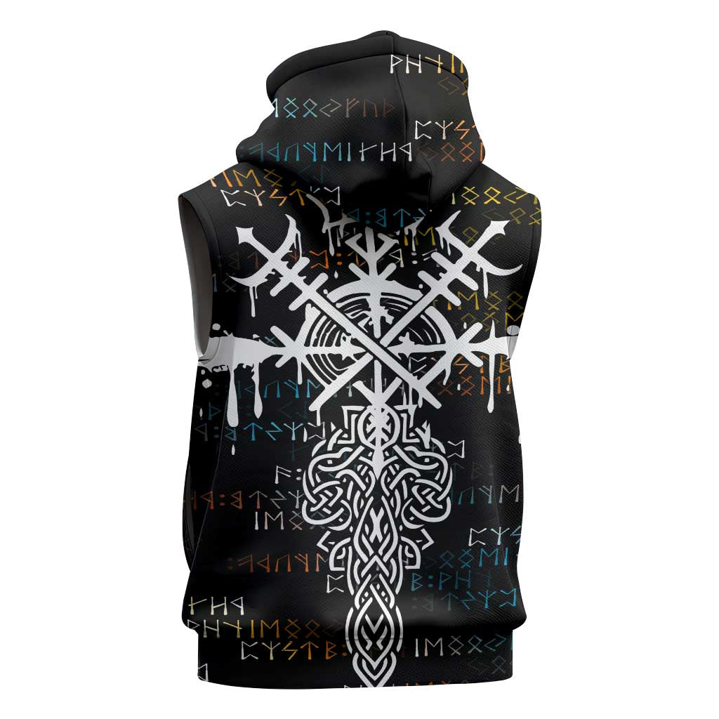Viking Runes and Norse Mythology Symbols Sleeveless Zip Hoodie Celtic Knotwork Tribal Illustration Style