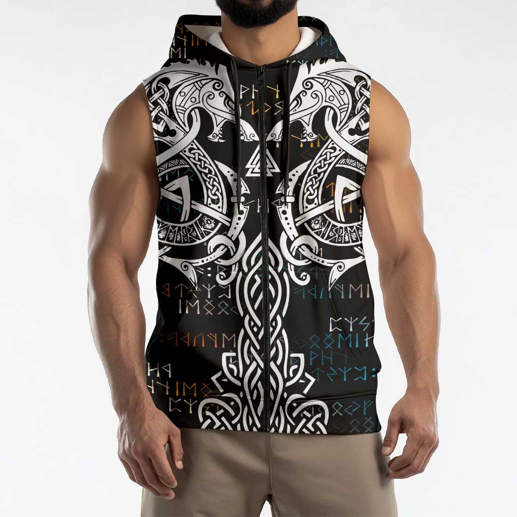 Viking Runes and Norse Mythology Symbols Sleeveless Zip Hoodie Celtic Knotwork Tribal Illustration Style