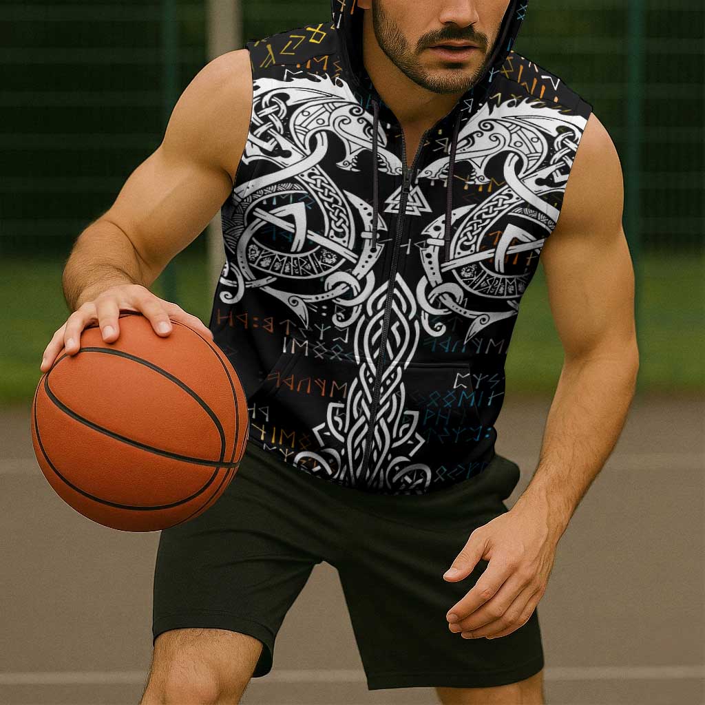 Viking Runes and Norse Mythology Symbols Sleeveless Zip Hoodie Celtic Knotwork Tribal Illustration Style