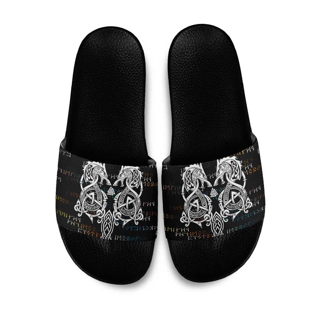 Viking Runes and Norse Mythology Symbols Slide Sandals Celtic Knotwork Tribal Illustration Style