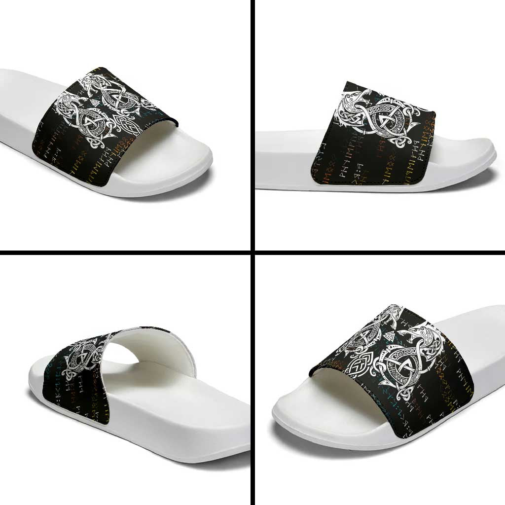 Viking Runes and Norse Mythology Symbols Slide Sandals Celtic Knotwork Tribal Illustration Style