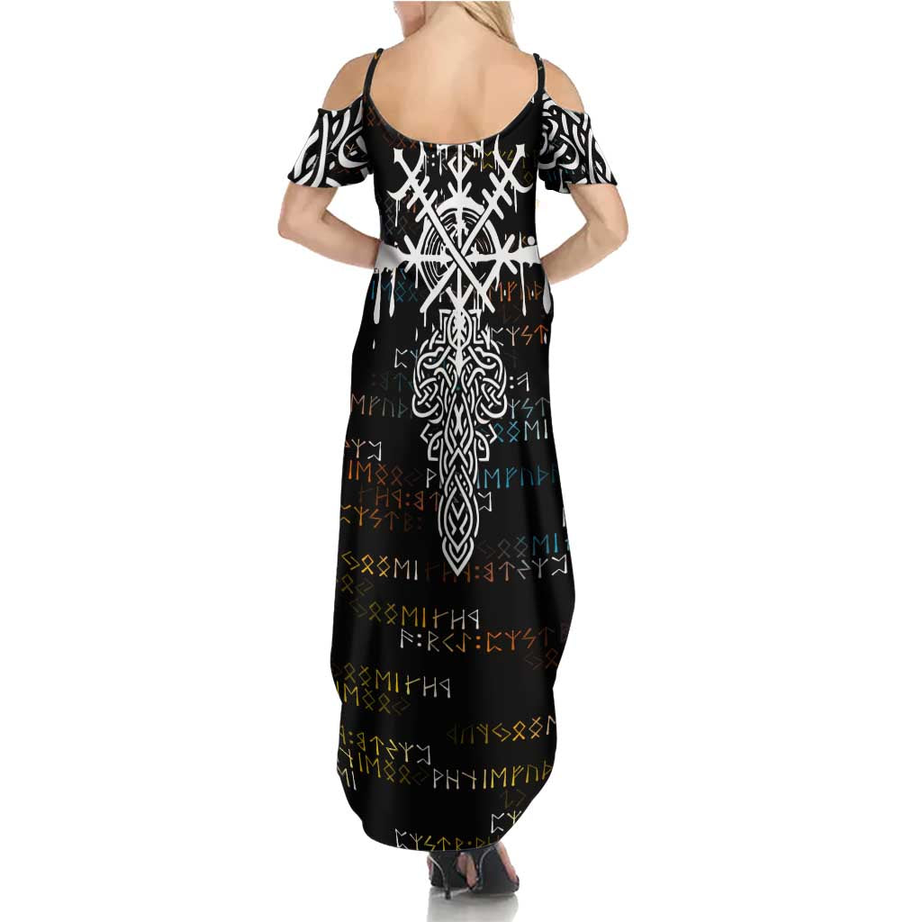 Viking Runes and Norse Mythology Symbols Summer Maxi Dress Celtic Knotwork Tribal Illustration Style