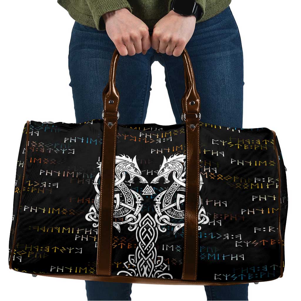 Viking Runes and Norse Mythology Symbols Travel Bag Celtic Knotwork Tribal Illustration Style