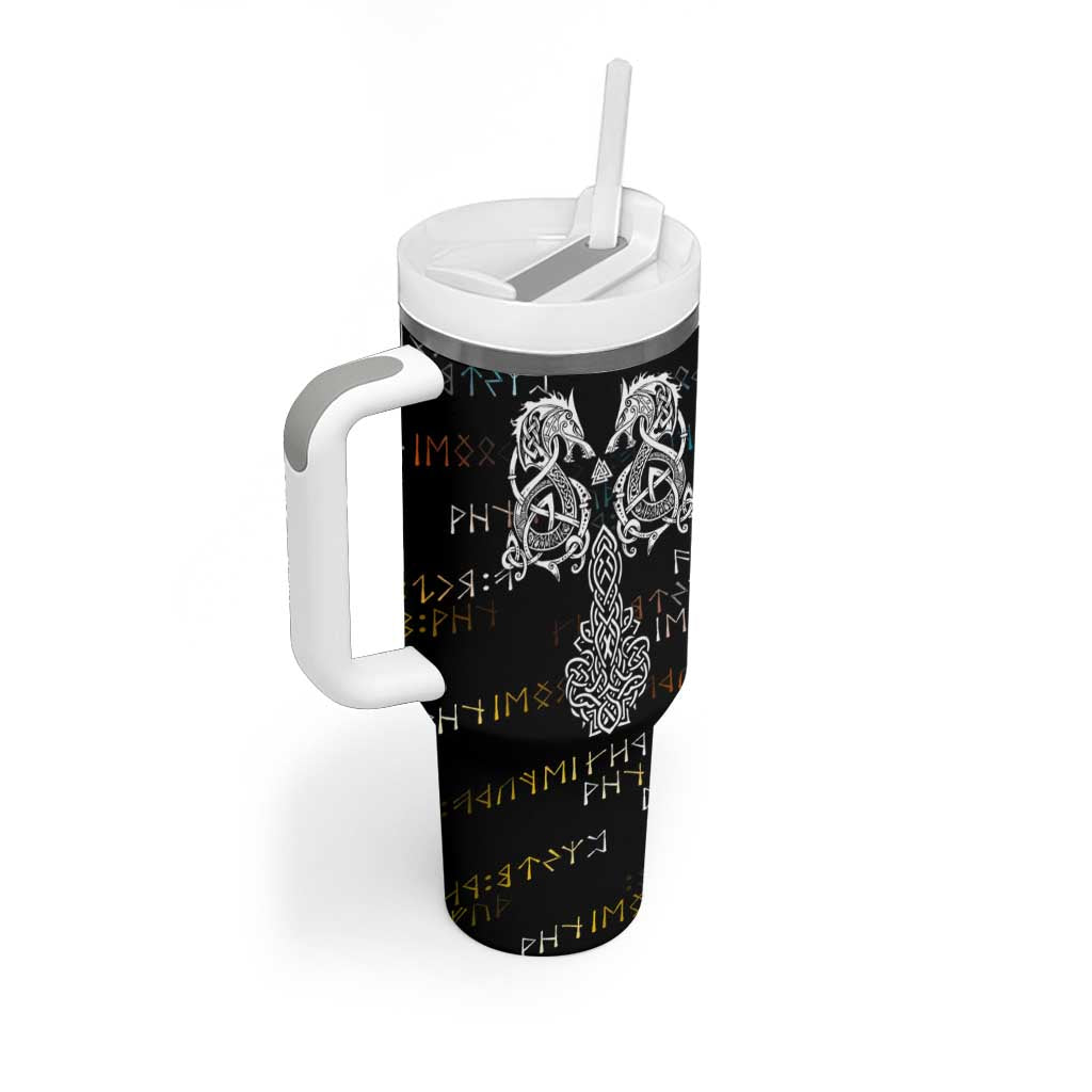 Viking Runes and Norse Mythology Symbols Tumbler With Handle Celtic Knotwork Tribal Illustration Style