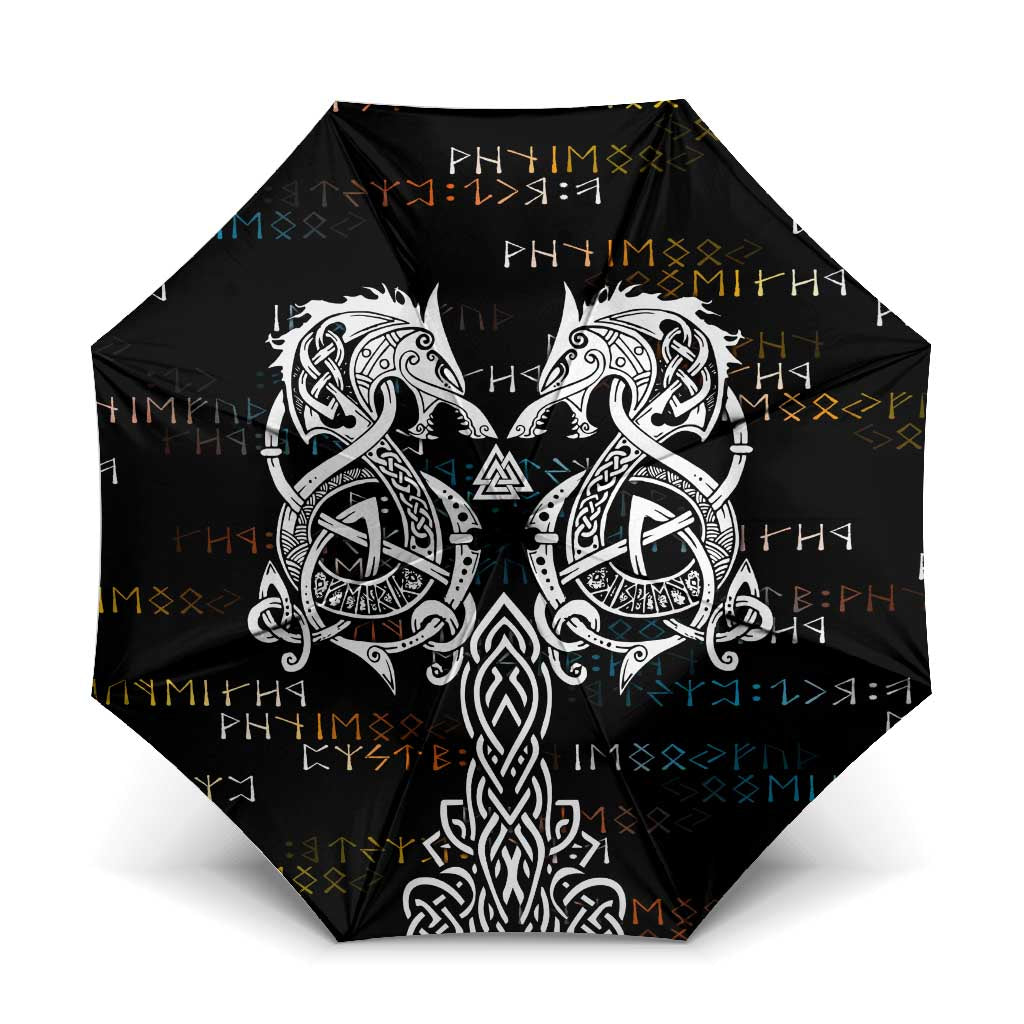 Viking Runes and Norse Mythology Symbols Umbrella Celtic Knotwork Tribal Illustration Style