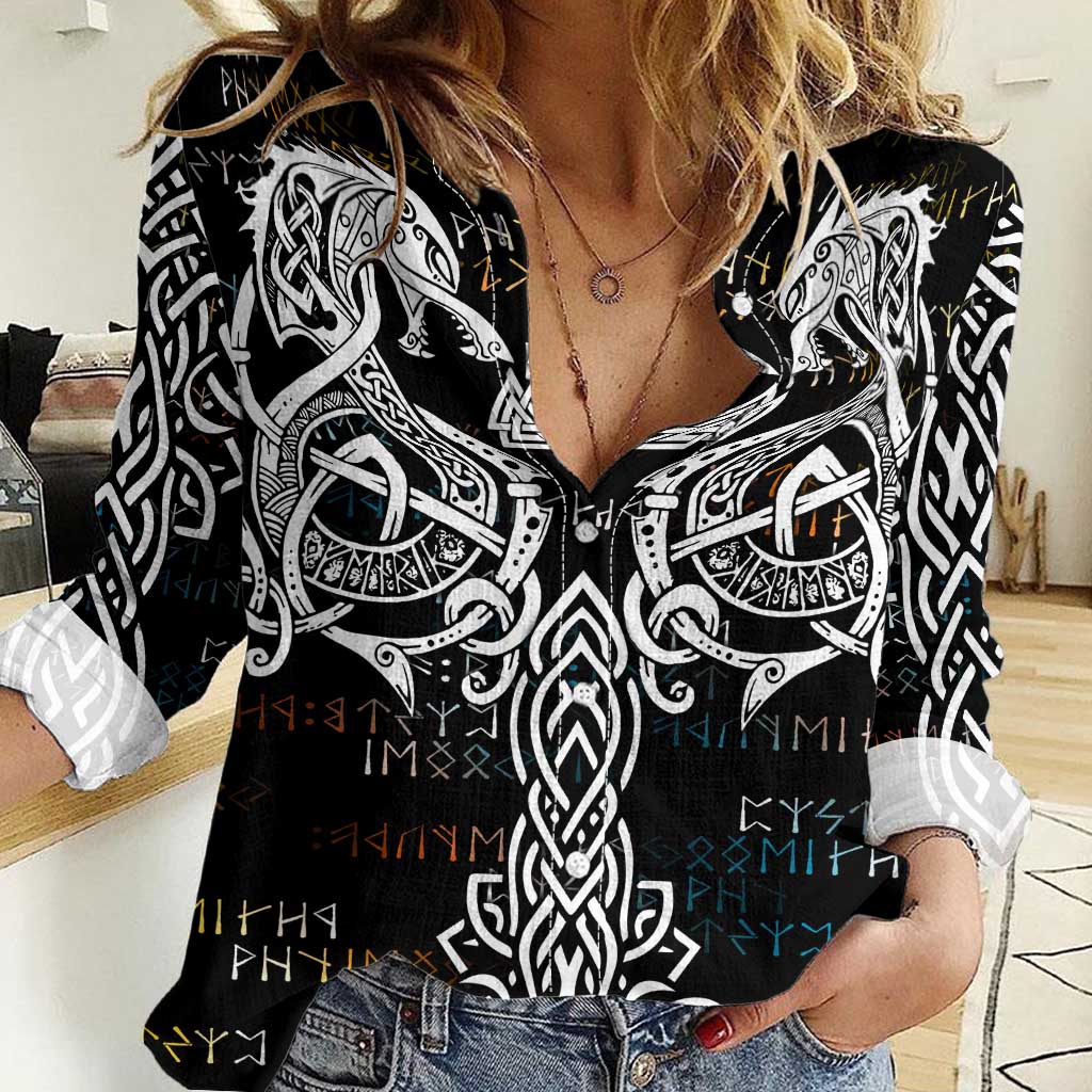 Viking Runes and Norse Mythology Symbols Women Casual Shirt Celtic Knotwork Tribal Illustration Style