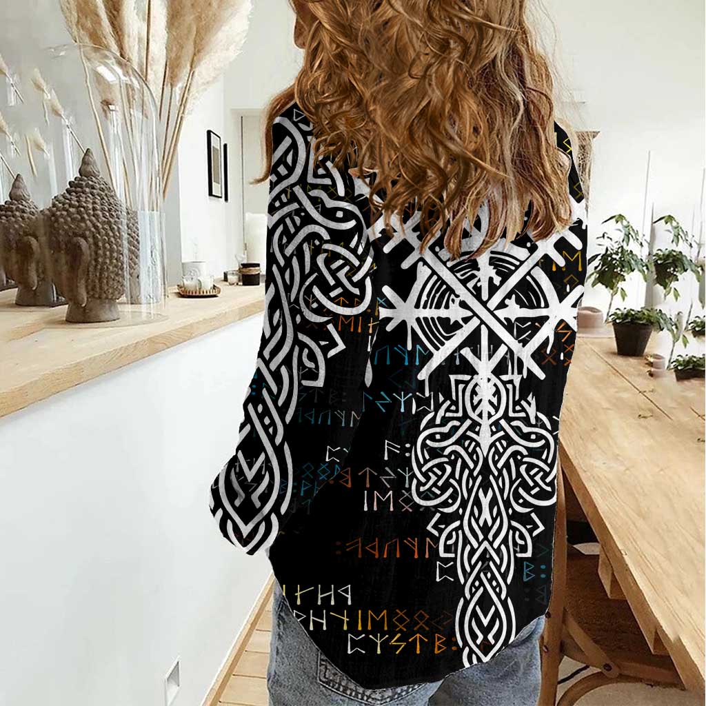 Viking Runes and Norse Mythology Symbols Women Casual Shirt Celtic Knotwork Tribal Illustration Style