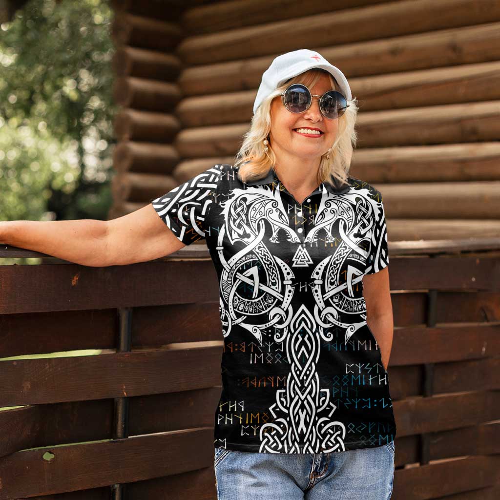 Viking Runes and Norse Mythology Symbols Women Polo Shirt Celtic Knotwork Tribal Illustration Style