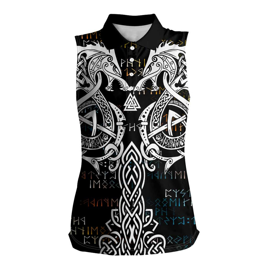 Viking Runes and Norse Mythology Symbols Women Sleeveless Polo Shirt Celtic Knotwork Tribal Illustration Style