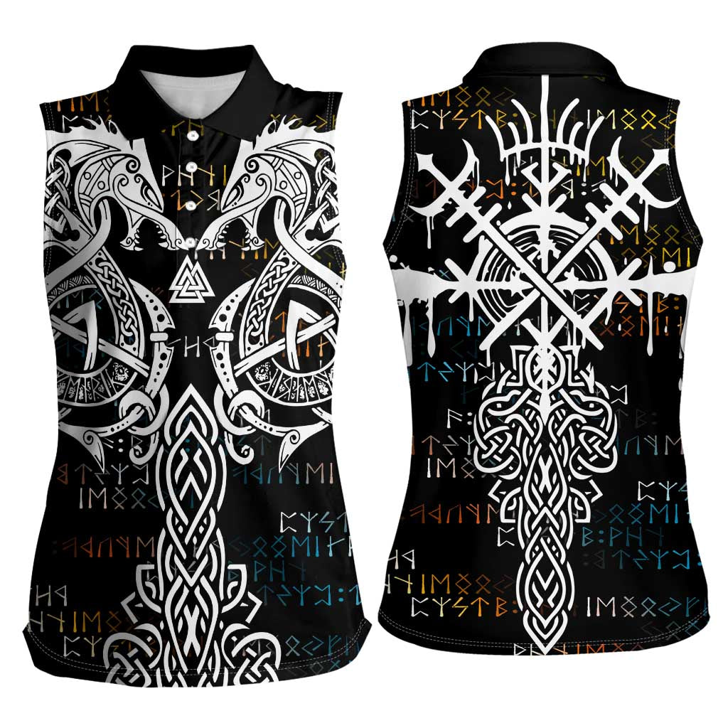 Viking Runes and Norse Mythology Symbols Women Sleeveless Polo Shirt Celtic Knotwork Tribal Illustration Style