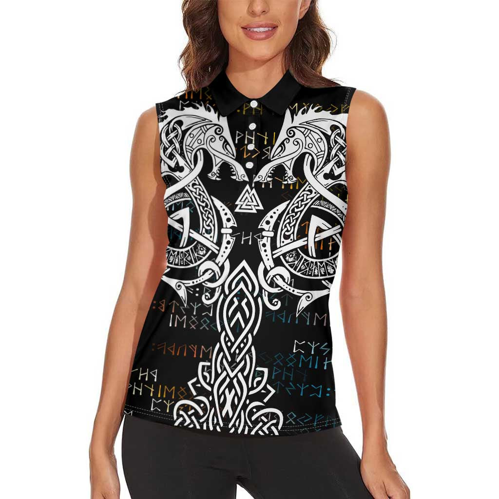Viking Runes and Norse Mythology Symbols Women Sleeveless Polo Shirt Celtic Knotwork Tribal Illustration Style