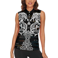 Viking Runes and Norse Mythology Symbols Women Sleeveless Polo Shirt Celtic Knotwork Tribal Illustration Style