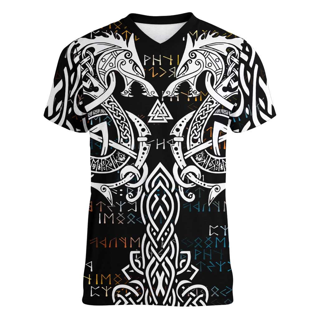 Viking Runes and Norse Mythology Symbols Women V-Neck T-Shirt Celtic Knotwork Tribal Illustration Style