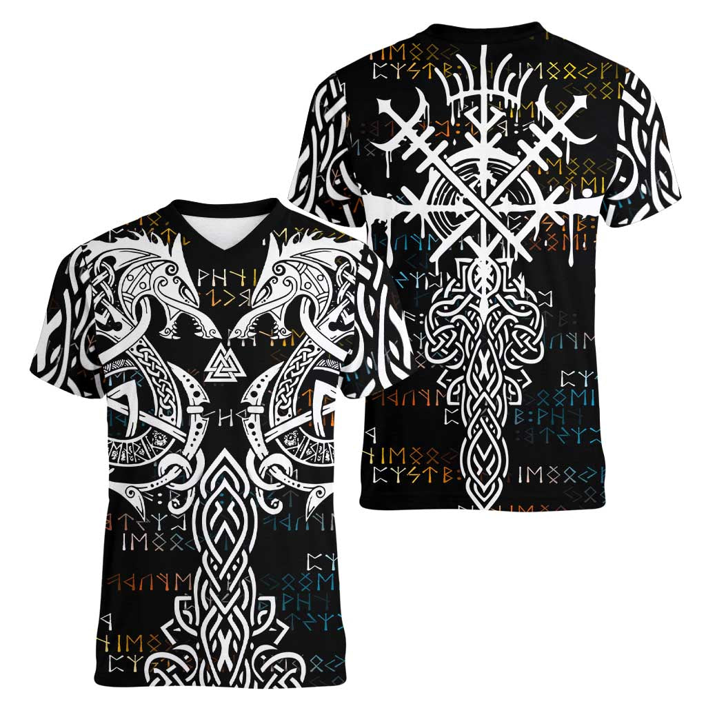 Viking Runes and Norse Mythology Symbols Women V-Neck T-Shirt Celtic Knotwork Tribal Illustration Style