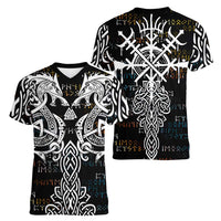 Viking Runes and Norse Mythology Symbols Women V-Neck T-Shirt Celtic Knotwork Tribal Illustration Style