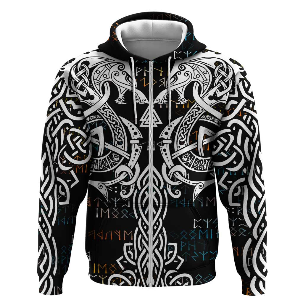 Viking Runes and Norse Mythology Symbols Zip Hoodie Celtic Knotwork Tribal Illustration Style