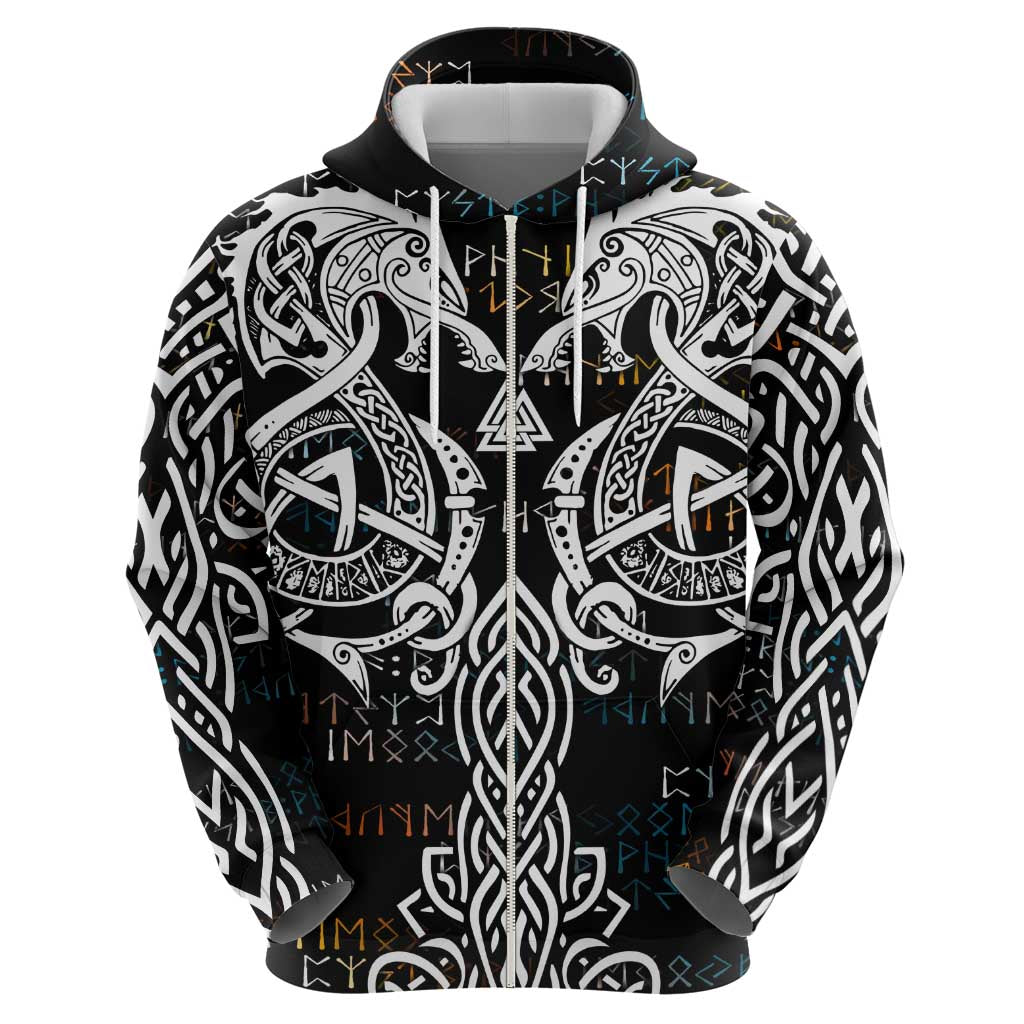 Viking Runes and Norse Mythology Symbols Zip Hoodie Celtic Knotwork Tribal Illustration Style