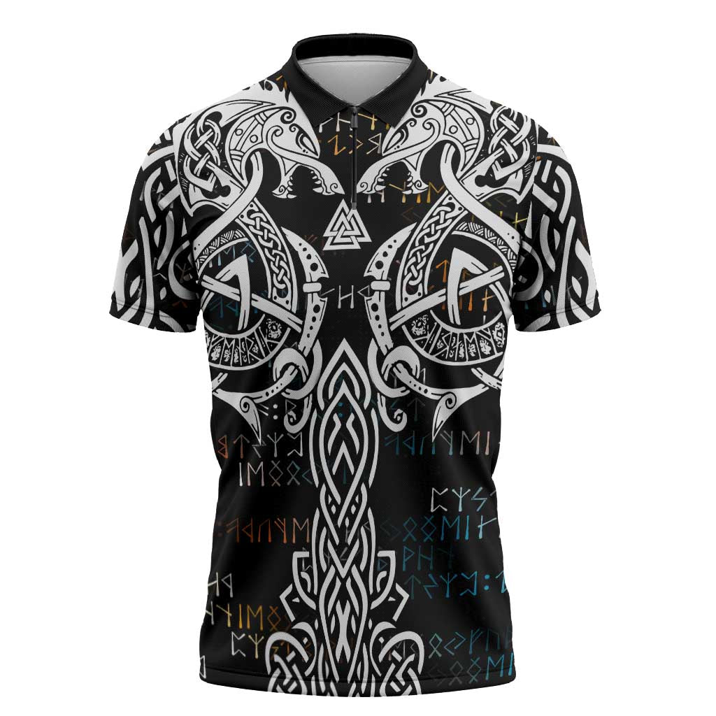 Viking Runes and Norse Mythology Symbols Zipper Polo Shirt Celtic Knotwork Tribal Illustration Style