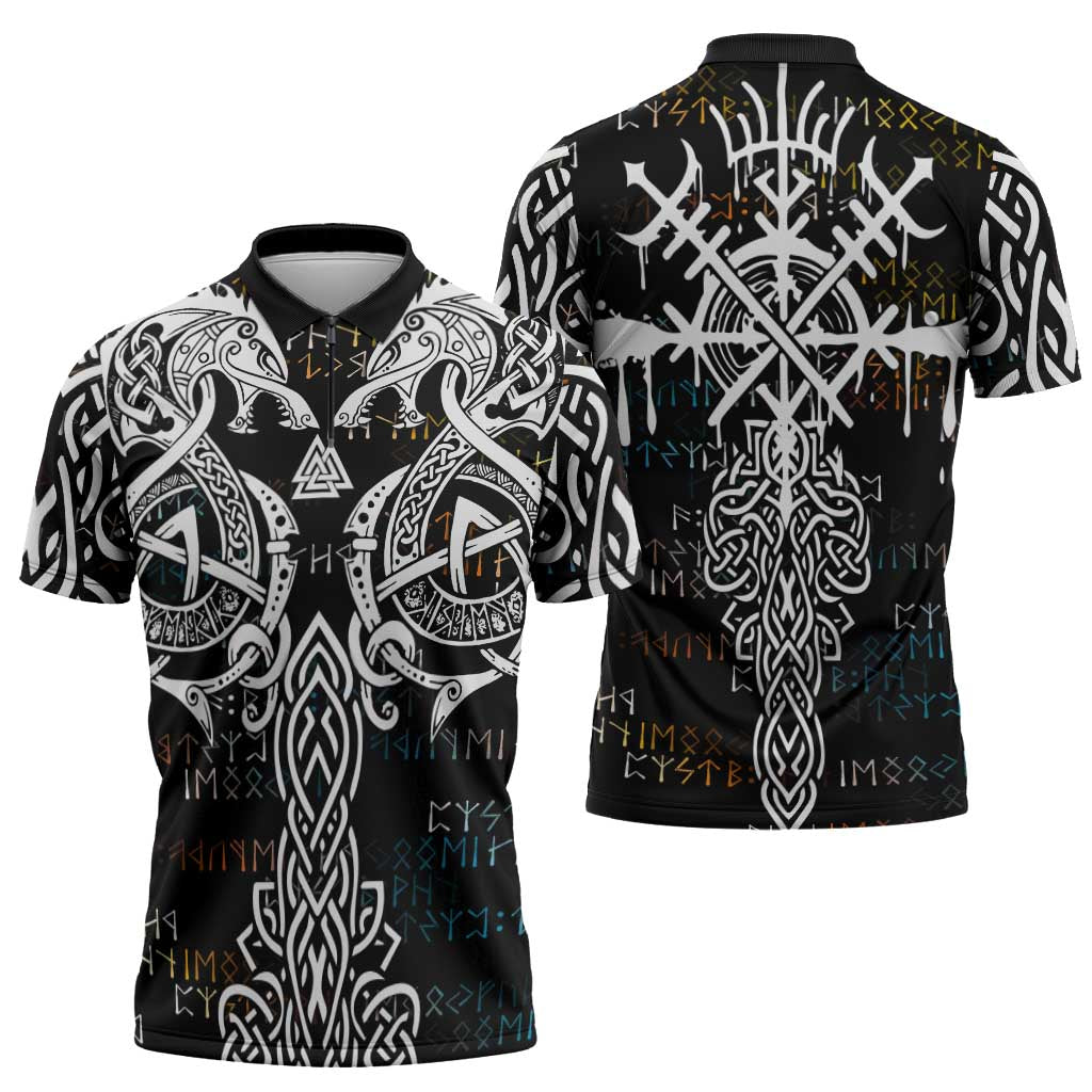 Viking Runes and Norse Mythology Symbols Zipper Polo Shirt Celtic Knotwork Tribal Illustration Style