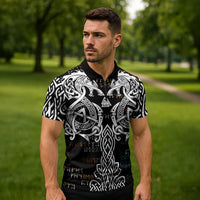 Viking Runes and Norse Mythology Symbols Zipper Polo Shirt Celtic Knotwork Tribal Illustration Style