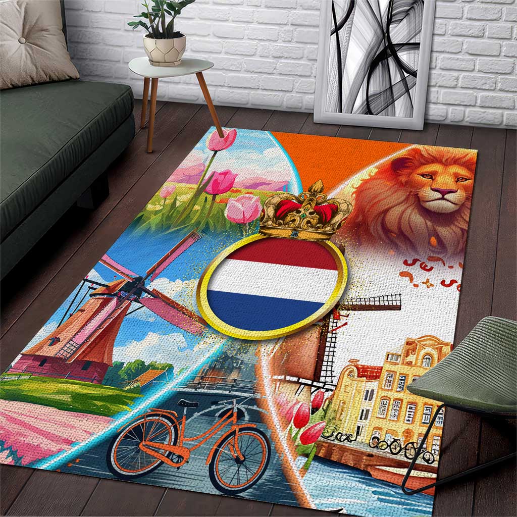Dutch Lion Design Area Rug with Tulips Windmills Bicycles and Coat of Arms