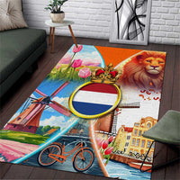 Dutch Lion Design Area Rug with Tulips Windmills Bicycles and Coat of Arms