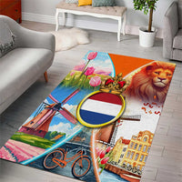 Dutch Lion Design Area Rug with Tulips Windmills Bicycles and Coat of Arms