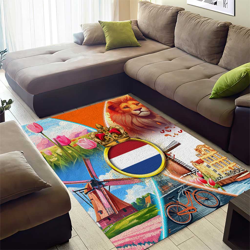 Dutch Lion Design Area Rug with Tulips Windmills Bicycles and Coat of Arms