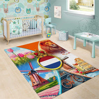 Dutch Lion Design Area Rug with Tulips Windmills Bicycles and Coat of Arms