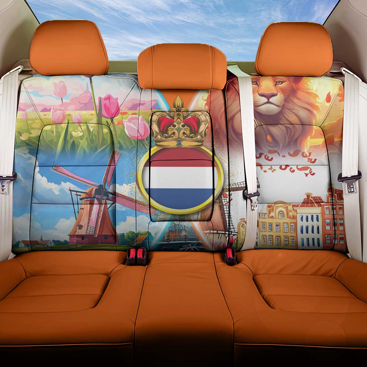 Dutch Lion Design Back Car Seat Cover with Tulips Windmills Bicycles and Coat of Arms