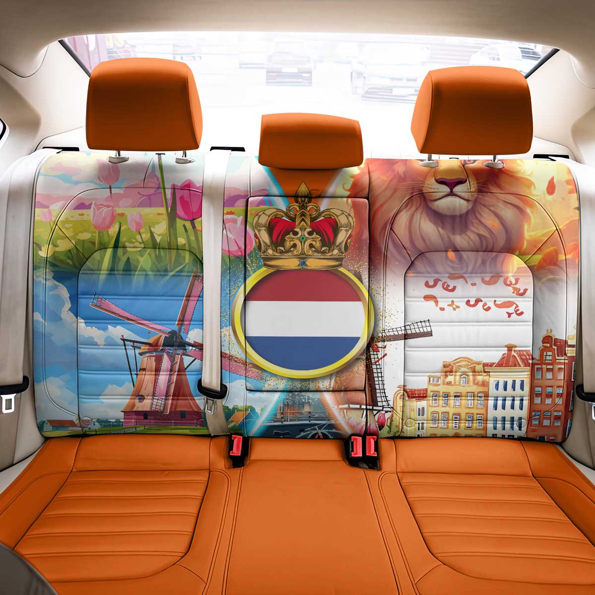 Dutch Lion Design Back Car Seat Cover with Tulips Windmills Bicycles and Coat of Arms