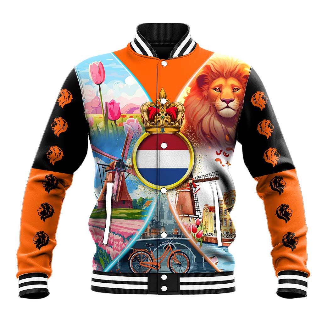 Dutch Lion Design Baseball Jacket with Tulips Windmills Bicycles and Coat of Arms