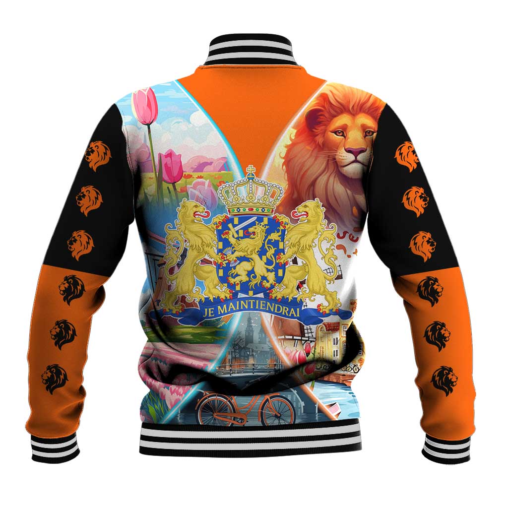 Dutch Lion Design Baseball Jacket with Tulips Windmills Bicycles and Coat of Arms