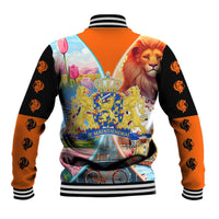 Dutch Lion Design Baseball Jacket with Tulips Windmills Bicycles and Coat of Arms
