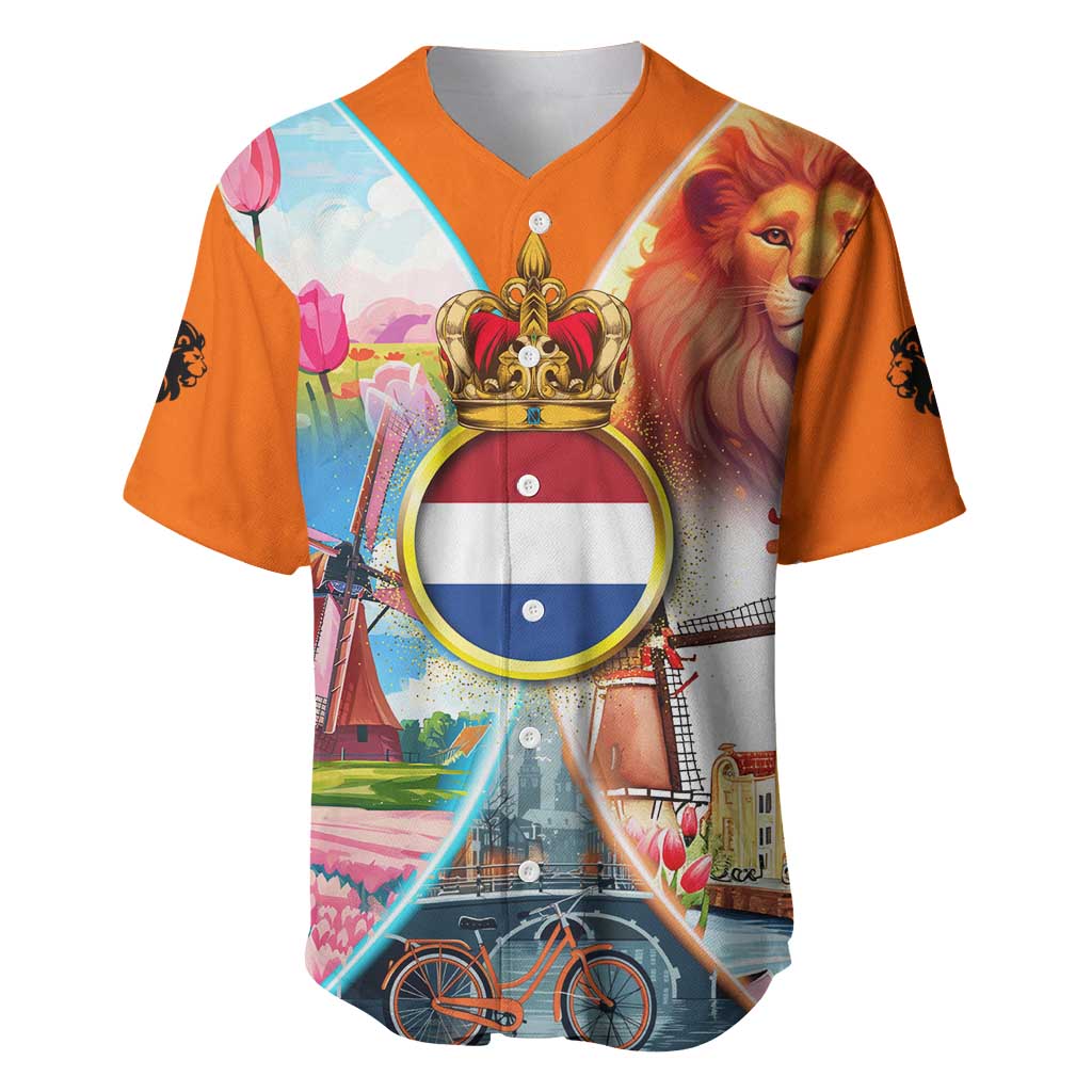 Dutch Lion Design Baseball Jersey with Tulips Windmills Bicycles and Coat of Arms