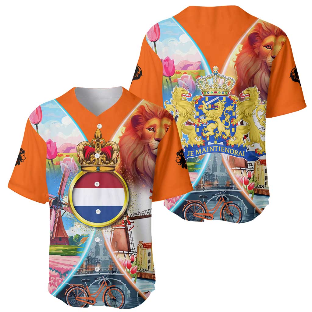 Dutch Lion Design Baseball Jersey with Tulips Windmills Bicycles and Coat of Arms