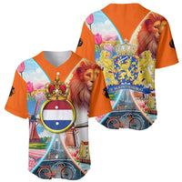 Dutch Lion Design Baseball Jersey with Tulips Windmills Bicycles and Coat of Arms