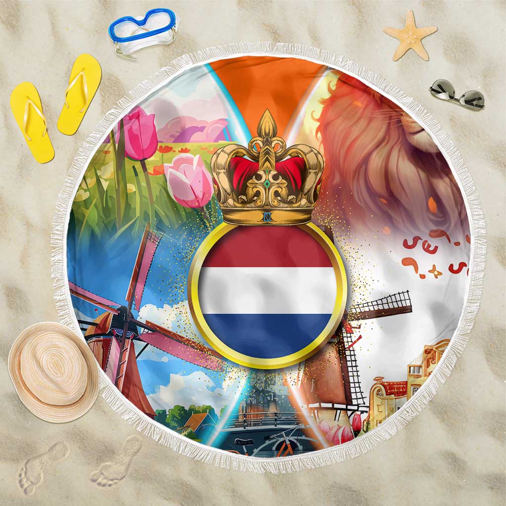 Dutch Lion Design Beach Blanket with Tulips Windmills Bicycles and Coat of Arms