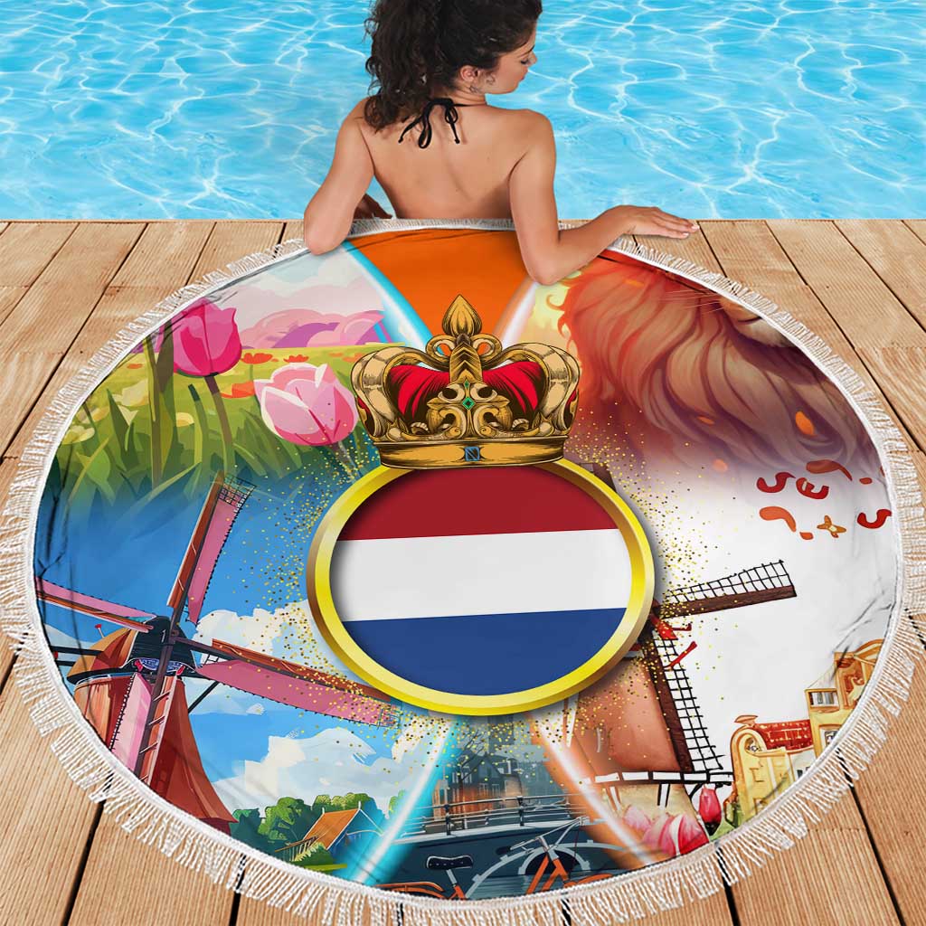 Dutch Lion Design Beach Blanket with Tulips Windmills Bicycles and Coat of Arms
