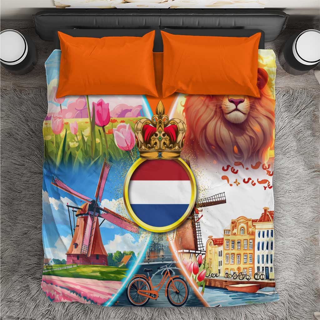 Dutch Lion Design Bedding Set with Tulips Windmills Bicycles and Coat of Arms