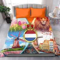 Dutch Lion Design Bedding Set with Tulips Windmills Bicycles and Coat of Arms