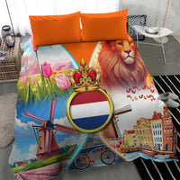 Dutch Lion Design Bedding Set with Tulips Windmills Bicycles and Coat of Arms