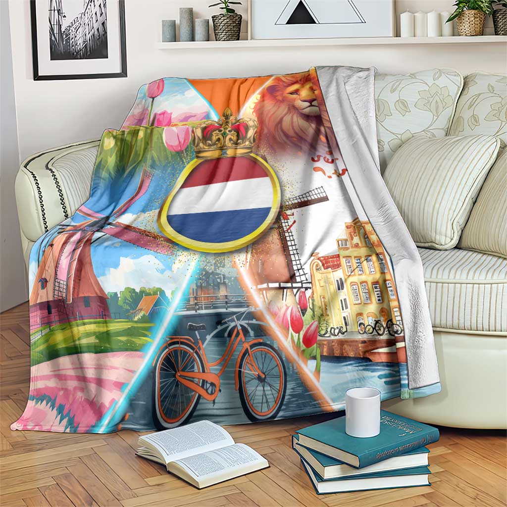 Dutch Lion Design Blanket with Tulips Windmills Bicycles and Coat of Arms