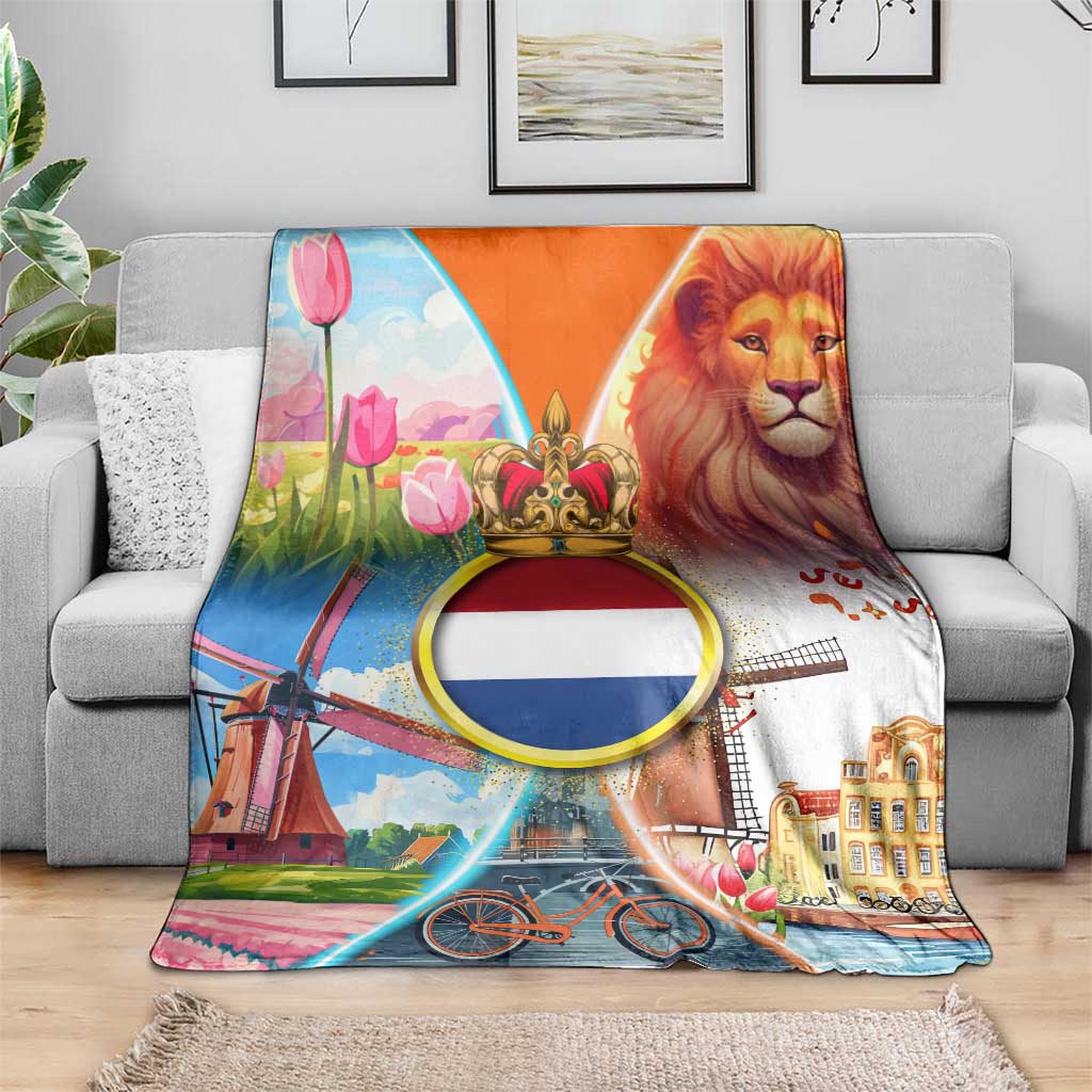 Dutch Lion Design Blanket with Tulips Windmills Bicycles and Coat of Arms
