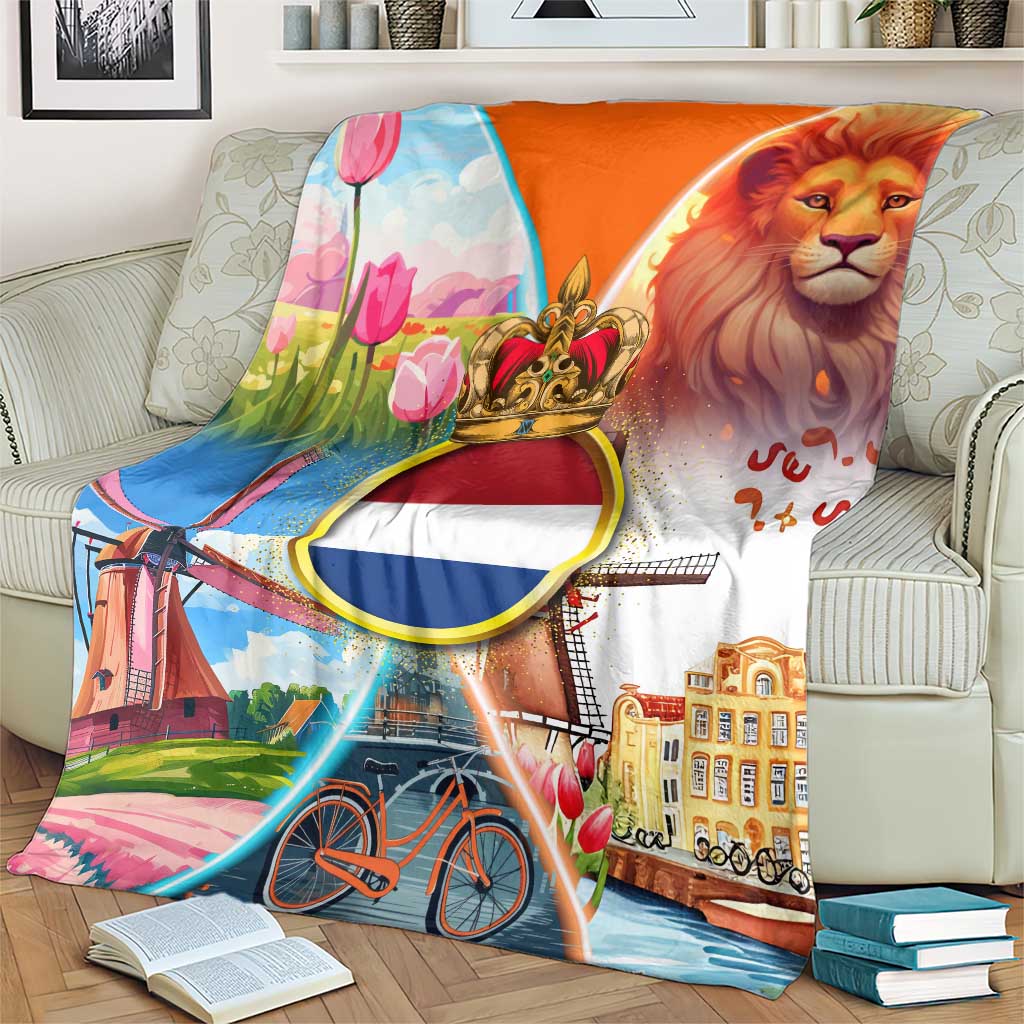 Dutch Lion Design Blanket with Tulips Windmills Bicycles and Coat of Arms