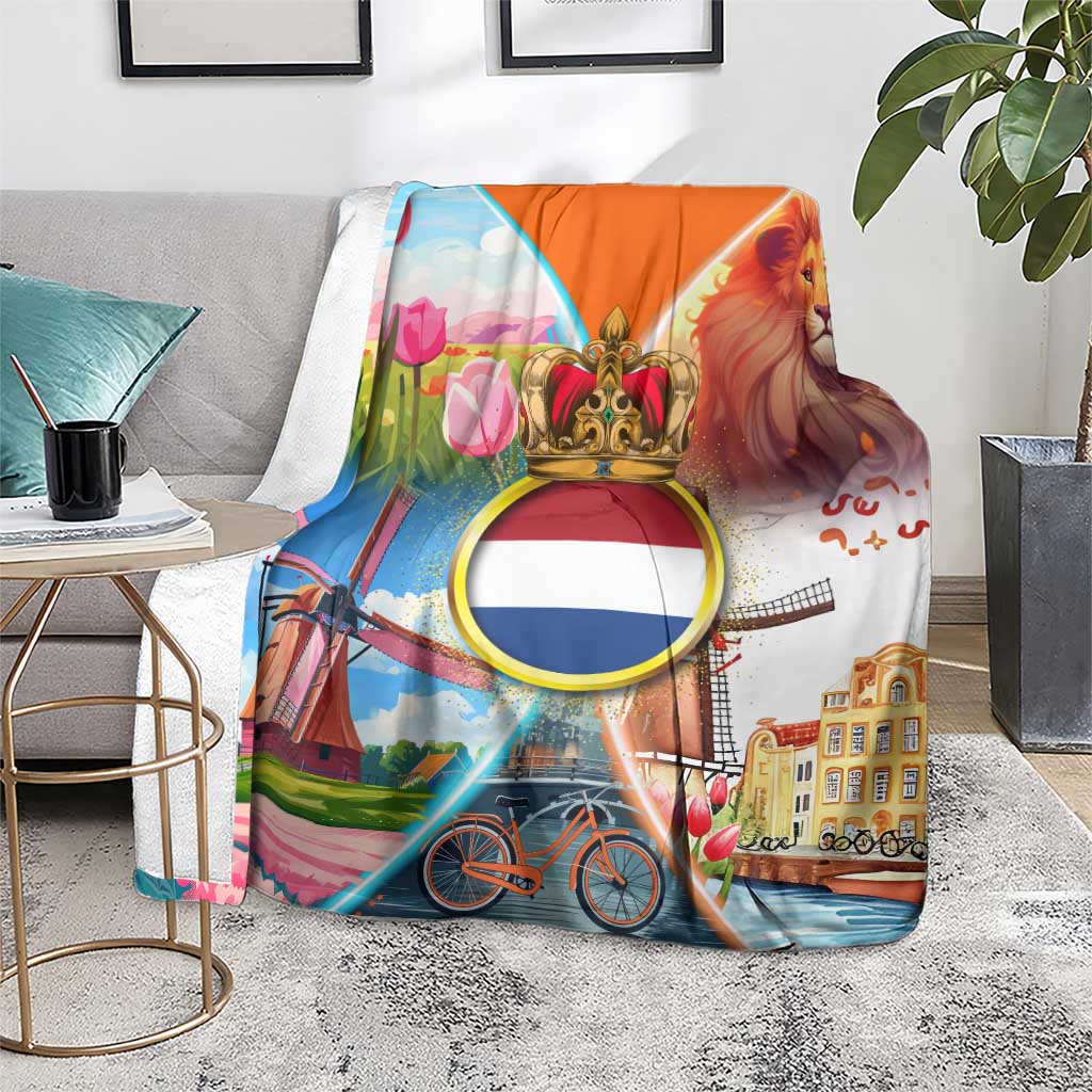 Dutch Lion Design Blanket with Tulips Windmills Bicycles and Coat of Arms