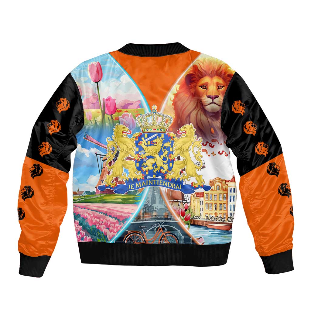 Dutch Lion Design Bomber Jacket with Tulips Windmills Bicycles and Coat of Arms