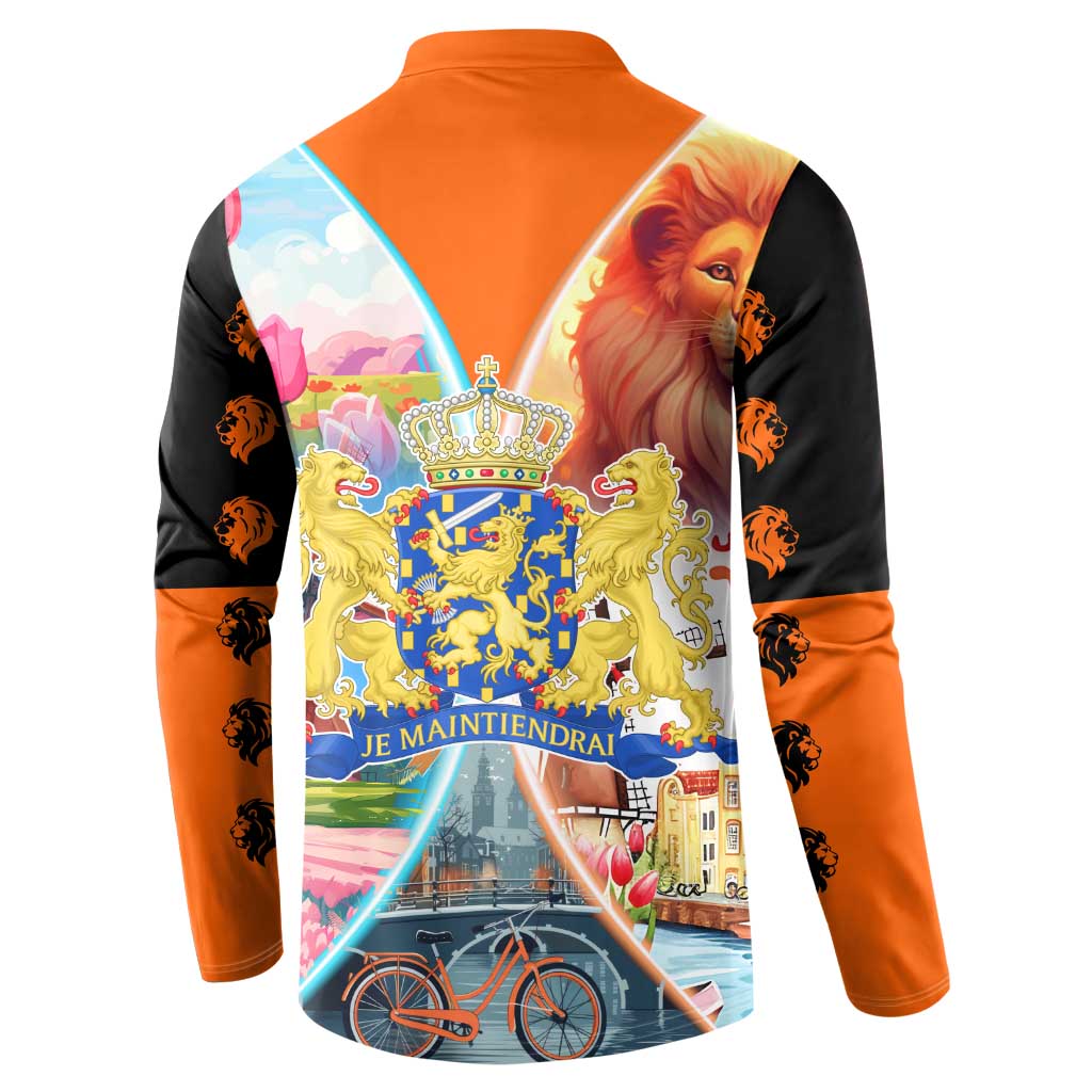 Dutch Lion Design Button Sweatshirt with Tulips Windmills Bicycles and Coat of Arms
